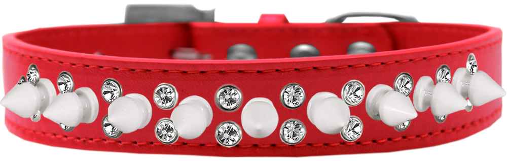 Double Crystal and White Spikes Dog Collar Red Size 18